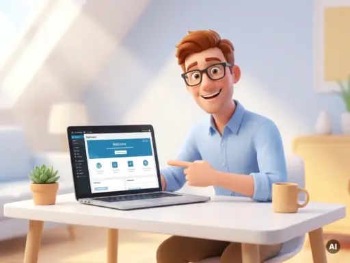 Lächelnde 3D-Cartoon-Figur mit Brille zeigt begeistert auf ein Laptop mit WordPress-Dashboard am modernen Schreibtisch.