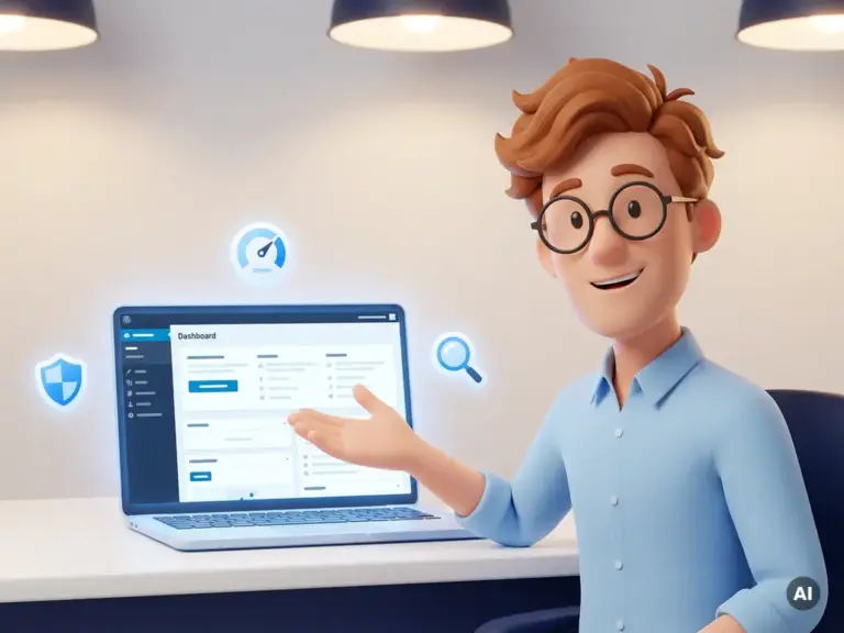 3D-Cartoon-Figur mit Brille zeigt auf leuchtendes Laptop mit WordPress-Dashboard, umgeben von Sicherheits- und SEO-Icons.