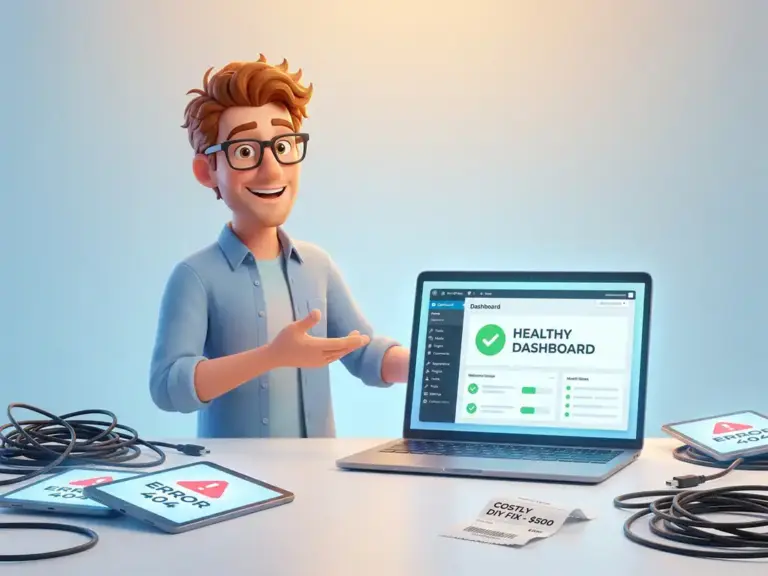 Cartoon-Figur mit Brille zeigt auf funktionierendes WordPress-Dashboard, umgeben von kaputten Kabeln und Fehlerbildschirmen.