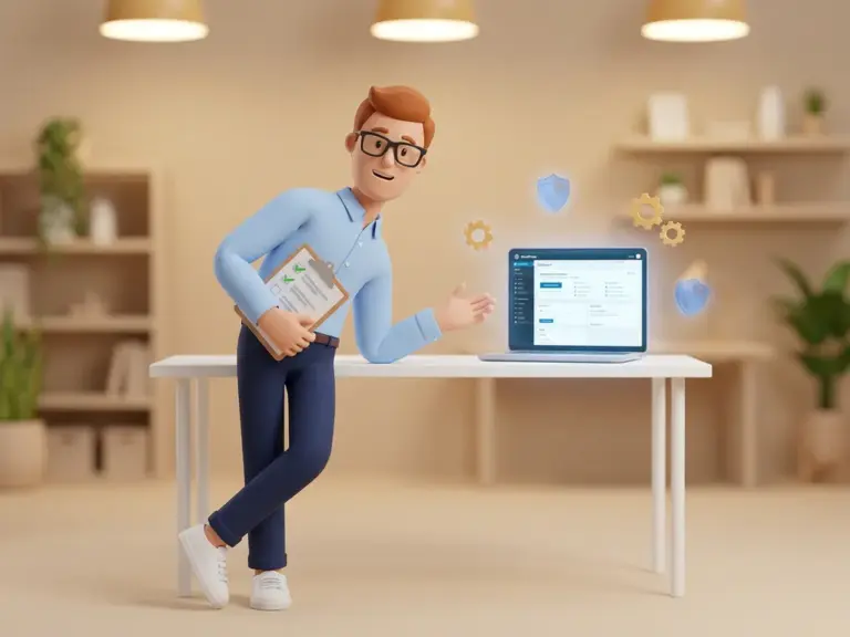 3D-Cartoon-Figur mit Brille und hellblauem Hemd prüft WordPress-Dashboard auf Laptop, hält Klemmbrett mit Checkliste.