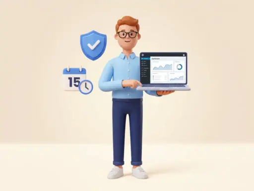 Cartoon-Figur mit Brille hält Laptop mit WordPress-Dashboard neben Schutzschild- und Kalender-Symbol auf hellem Hintergrund.