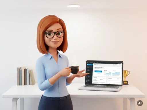 Selbstbewusste 3D-Cartoon-Figur am modernen Schreibtisch mit Laptop, WordPress-Dashboard, Kaffee und Fachbüchern.