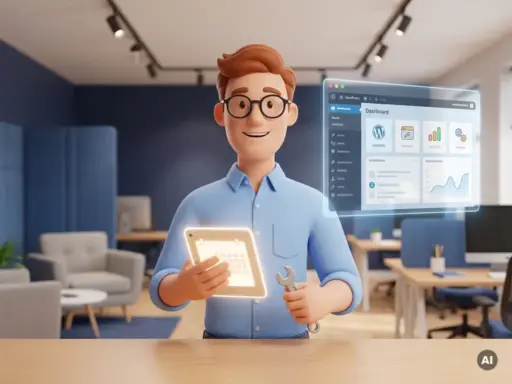 3D-Cartoon-Figur mit Brille hält leuchtenden Kalender und Schraubenschlüssel neben schwebendem WordPress-Dashboard, modernes Web-Agentur-Ambiente.