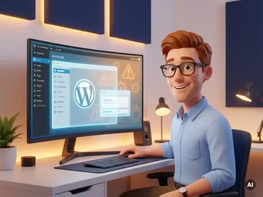 Lächelnder 3D-Cartoon-Mann mit Brille blickt auf ein leuchtendes WordPress-Dashboard, während versteckte Warnsymbole im Hintergrund lauern.