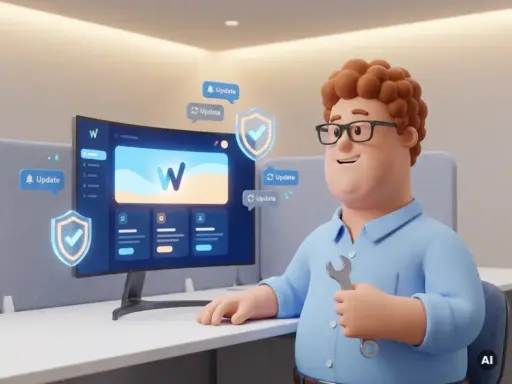 Cartoon-Figur mit Brille und Schraubenschlüssel prüft leuchtendes WordPress-Dashboard, umgeben von Schutzschild-Symbolen und Update-Hinweisen.