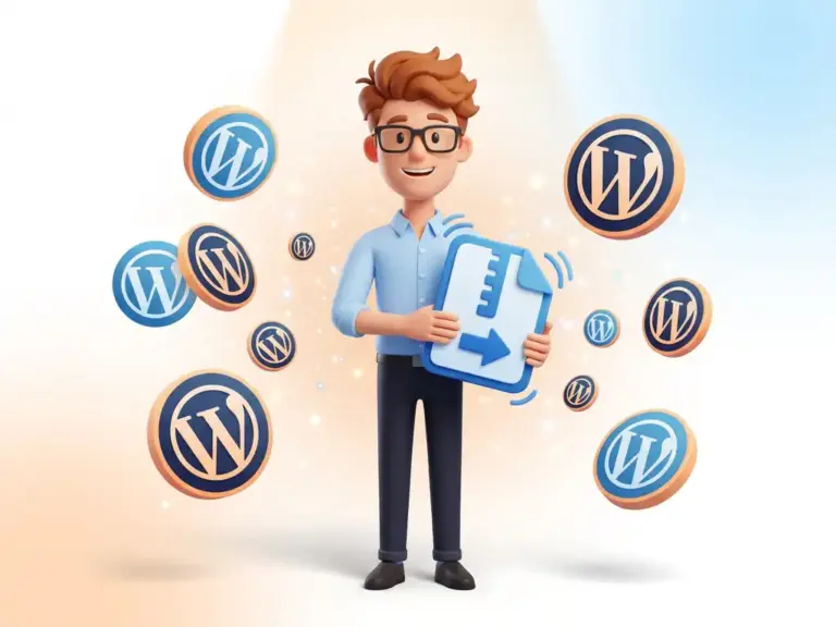 3D-Cartoon-Figur mit Brille komprimiert eine WordPress-Datei, umgeben von schwebenden WordPress-Logos auf weißem Hintergrund.