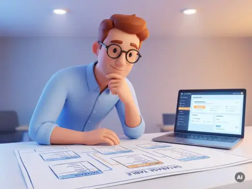 Cartoon-Entwickler mit Brille beugt sich über Architekturplan mit Datenbanktabellen, WordPress-Dashboard leuchtet auf Laptop daneben.