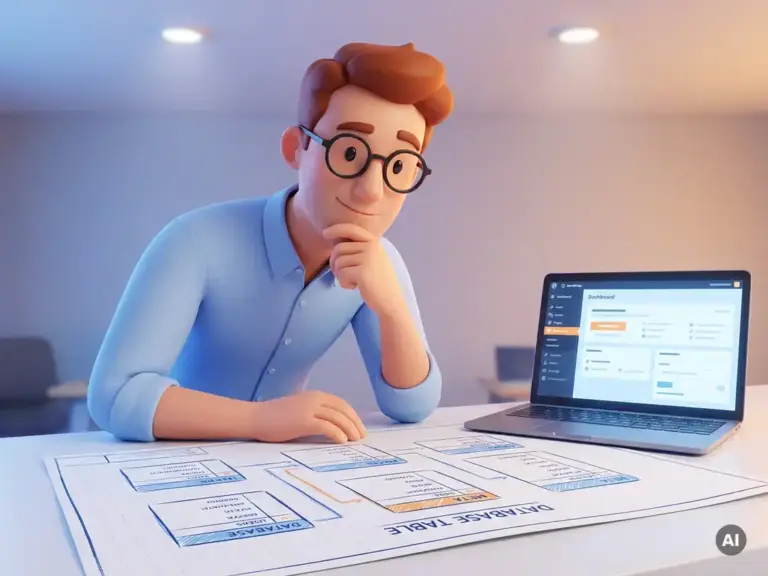 Cartoon-Entwickler mit Brille beugt sich über Architekturplan mit Datenbanktabellen, WordPress-Dashboard leuchtet auf Laptop daneben.