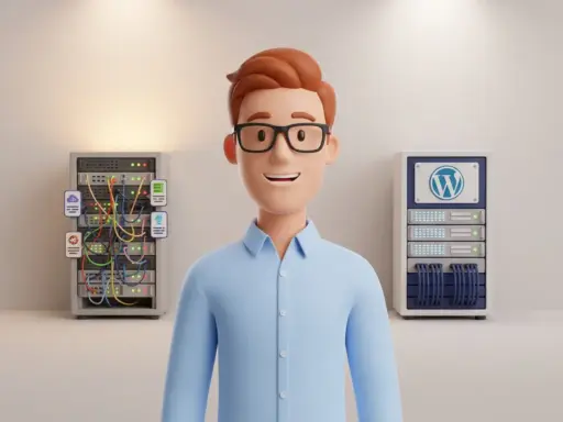 Cartoon-Figur mit Brille zwischen unordentlichem Shared-Hosting-Rack und sauberem dedizierten WordPress-Server-Setup.