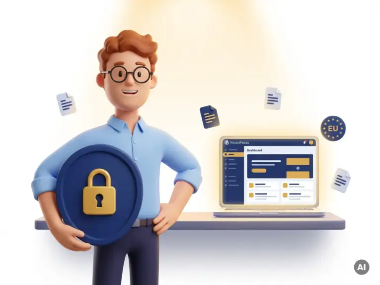 3D-Cartoon-Figur mit Brille hält Sicherheitsschild mit Schloss neben leuchtendem Laptop mit WordPress-Dashboard und EU-Symbol.