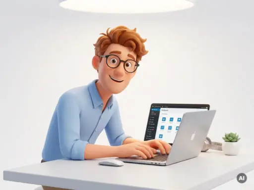 3D-Cartoon-Figur mit Brille und hellblauem Hemd arbeitet an einem Laptop mit WordPress-Dashboard auf modernem Schreibtisch.