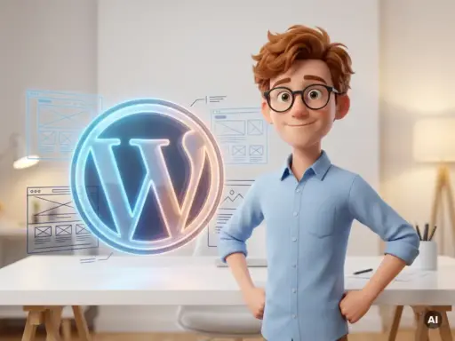 3D-Cartoon-Figur mit Brille und hellblauem Hemd neben leuchtendem WordPress-Logo auf modernem Schreibtisch mit Website-Wireframes.