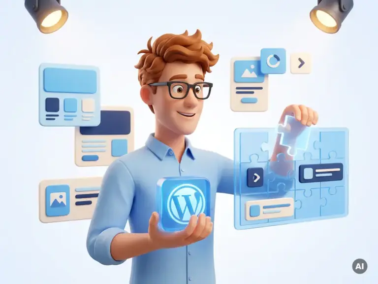 3D-Cartoon-Figur mit Brille fügt WordPress-Block in schwebendes UI-Design-Raster ein, umgeben von Interface-Komponenten.