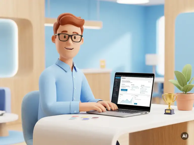 Lächelnder 3D-Cartoon-Profi mit Brille am modernen Schreibtisch vor geöffnetem Laptop mit WordPress-Dashboard.
