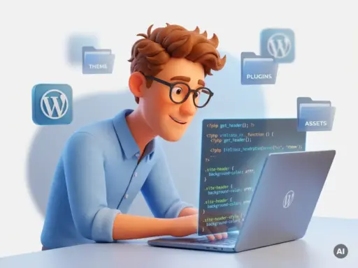 Cartoon-Entwickler mit Brille und blauem Hemd tippt PHP- und CSS-Code auf leuchtendem Laptop, umgeben von WordPress-Blöcken und Theme-Dateien.