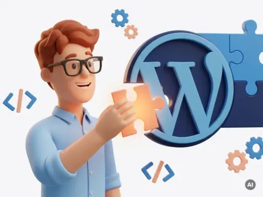 Cartoon-Entwickler mit Brille hält leuchtendes Puzzleteil, das in eine WordPress-Struktur passt, umgeben von Code-Symbolen und Zahnrädern.