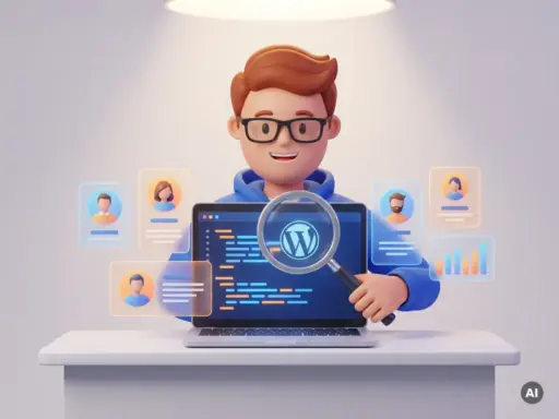 Cartoon-Entwicklerfigur mit Brille untersucht WordPress-Code auf Laptop, umgeben von schwebenden Bewerberprofilen auf weißem Schreibtisch.
