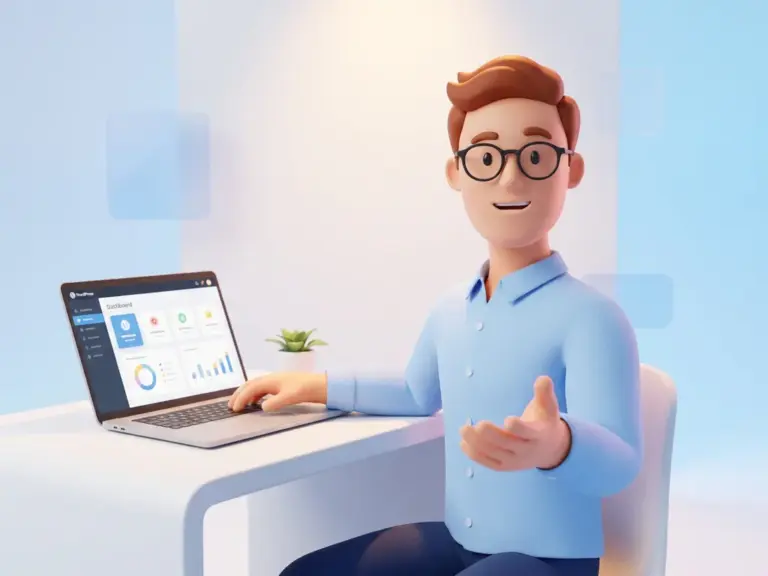 Lächelnder 3D-Cartoon-Mann mit Brille am modernen Schreibtisch, zeigt auf ein Laptop mit WordPress-Dashboard.
