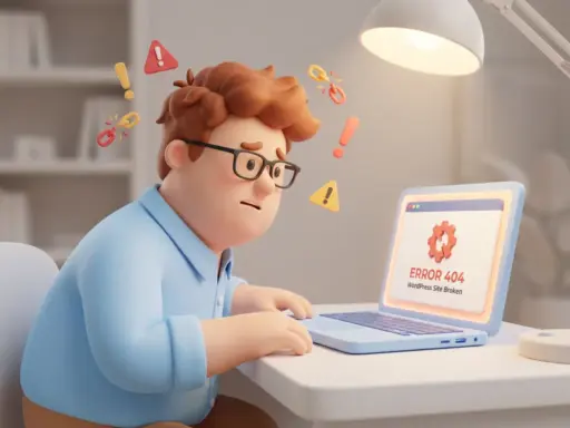 Verwirrter 3D-Cartoon-Mann mit Brille blickt auf defekte WordPress-Website auf Laptop, umgeben von Fehlersymbolen.