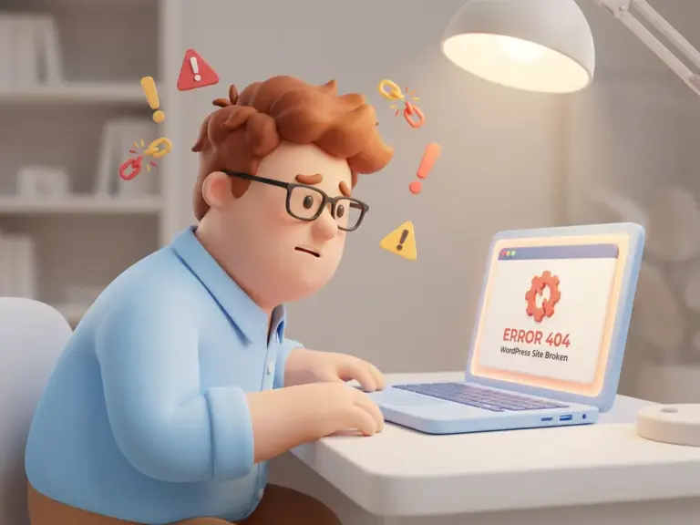 Verwirrter 3D-Cartoon-Mann mit Brille blickt auf defekte WordPress-Website auf Laptop, umgeben von Fehlersymbolen.