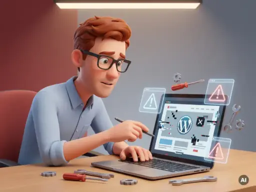 3D-Cartoon-Mann mit Brille untersucht besorgt eine fehlerhafte WordPress-Website auf einem Laptop, umgeben von digitalen Warnsymbolen.