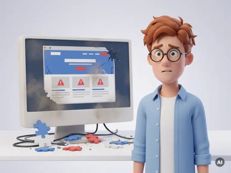 Besorgter 3D-Cartoon-Mann mit Brille neben einem kaputten WordPress-Website-Mockup auf rissigem Monitor mit Puzzleteilen und Kabeln.