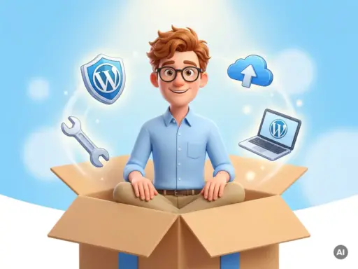 Cartoon-Figur mit Brille sitzt in einer Geschenkbox, umgeben von WordPress-Symbolen wie Schild, Schraubenschlüssel und Cloud-Backup.