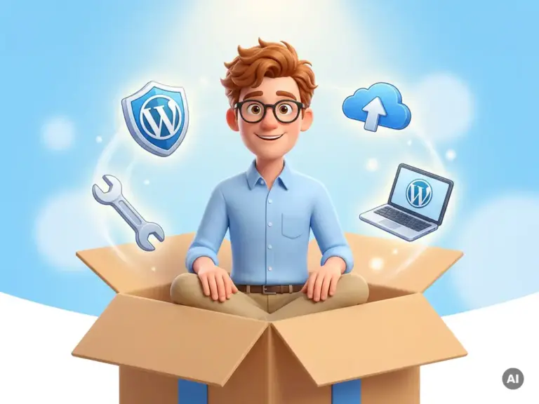 Cartoon-Figur mit Brille sitzt in einer Geschenkbox, umgeben von WordPress-Symbolen wie Schild, Schraubenschlüssel und Cloud-Backup.