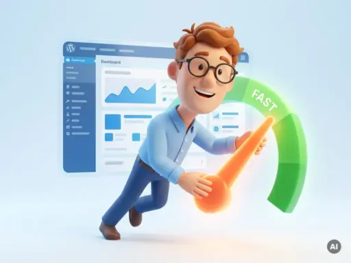 Cartoon-Figur mit Brille schiebt Tachometernadel in grünen Bereich, WordPress-Website im Hintergrund, symbolisiert Website-Geschwindigkeit.