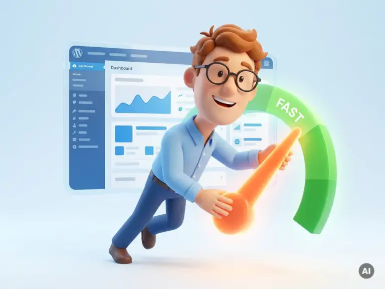 Cartoon-Figur mit Brille schiebt Tachometernadel in grünen Bereich, WordPress-Website im Hintergrund, symbolisiert Website-Geschwindigkeit.