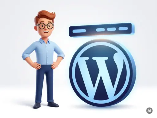 Cartoon-Figur mit Brille neben leuchtendem WordPress-Logo, dessen Header als separate Ebene schwebt, auf weißem Hintergrund.