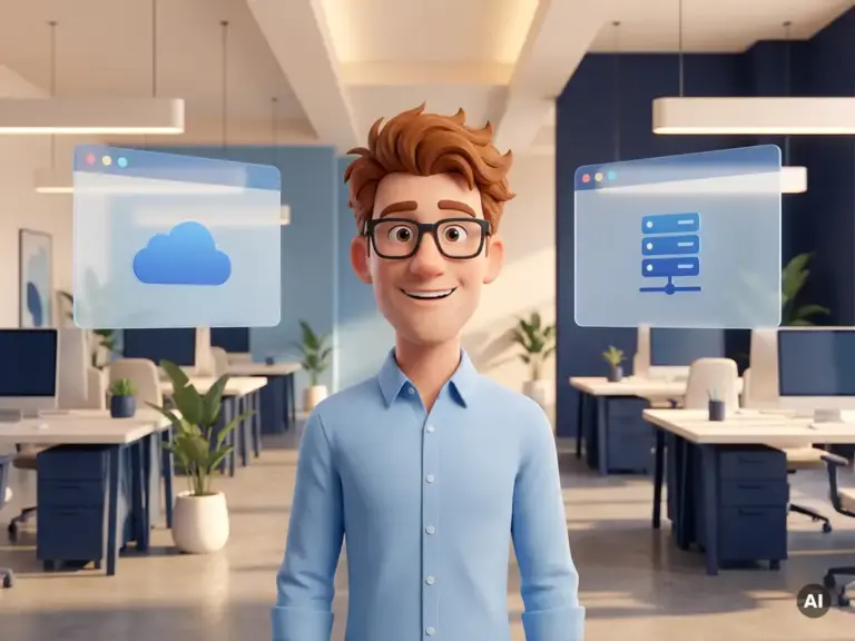 Cartoon-Entwickler mit Brille zwischen zwei Browser-Fenstern, die Cloud- und Server-Hosting für WordPress symbolisieren.