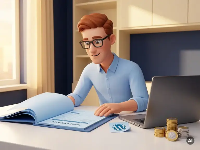 Cartoon-Figur mit Brille prüft Kostenvoranschlag am Schreibtisch neben Euro-Münzstapeln und einem Laptop, WordPress-Notiz sichtbar.