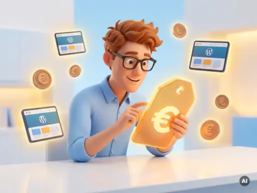 Cartoon-Figur mit Brille untersucht leuchtendes Preisschild, umgeben von Euro-Münzen und WordPress-Website-Mockups auf weißem Schreibtisch.