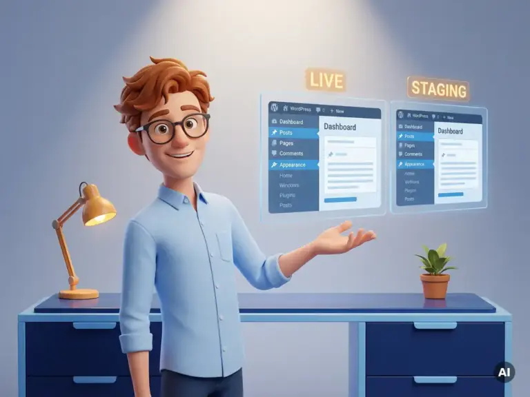 Cartoon-Figur mit Brille zeigt auf zwei WordPress-Dashboards – Live- und Staging-Umgebung – nebeneinander auf modernem Schreibtisch.