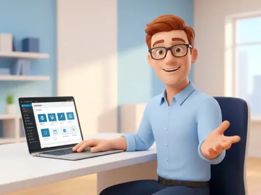 3D-Cartoon-Mann mit Brille und hellblauem Hemd sitzt am Schreibtisch vor einem Laptop mit WordPress-Dashboard.