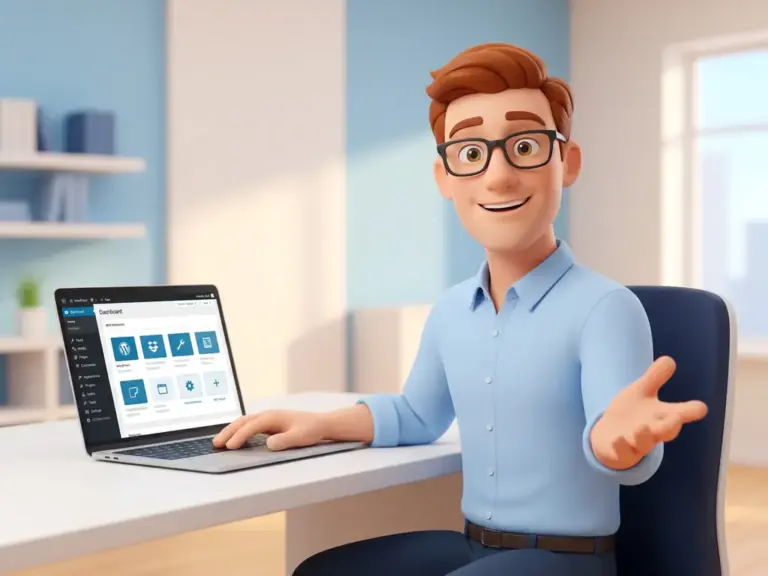 3D-Cartoon-Mann mit Brille und hellblauem Hemd sitzt am Schreibtisch vor einem Laptop mit WordPress-Dashboard.