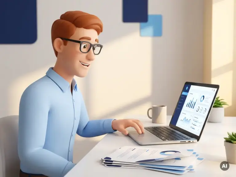 Cartoon-Geschäftsmann mit Brille analysiert WordPress-Performance-Dashboard auf Laptop, Berichte auf modernem weißen Schreibtisch.