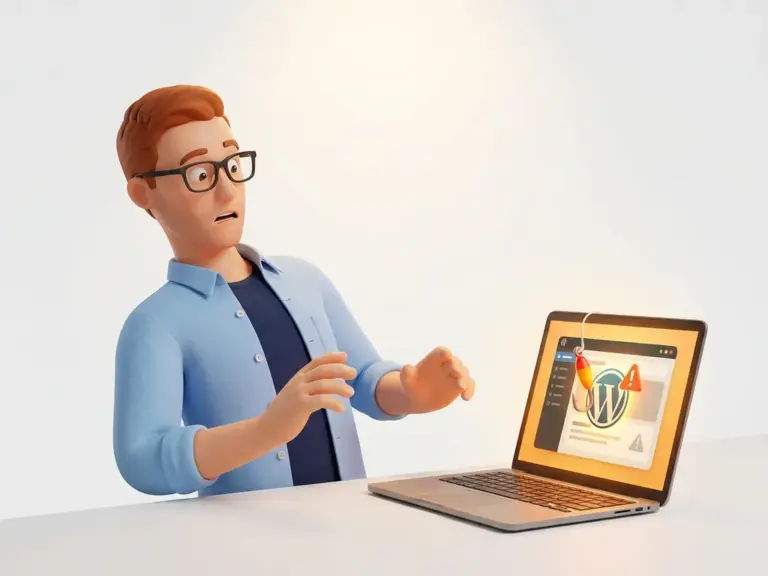Cartoon-Figur mit Brille weicht vor Laptop-Bildschirm zurück, der einen Phishing-Angriff auf eine WordPress-Website zeigt.