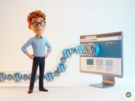 Cartoon-Figur mit Brille und hellblauem Hemd neben einer leuchtenden WordPress-Deployment-Pipeline, die in einen Monitor mündet.