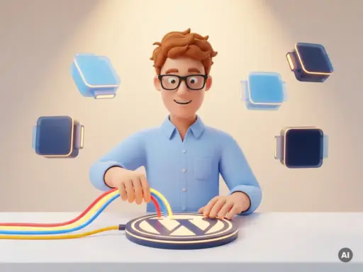 3D-Cartoon-Figur mit Brille steckt bunte Plugin-Kabel in ein leuchtendes WordPress-Dashboard, umgeben von API-Connector-Blöcken.
