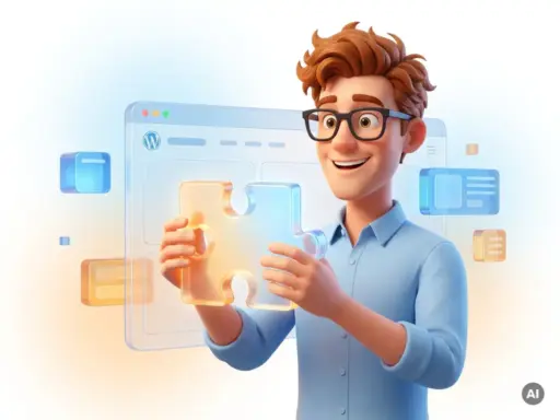 3D-Cartoon-Figur mit Brille fügt leuchtendes Puzzleteil in schwebendes WordPress-Website-Panel ein, umgeben von modularen Blöcken.