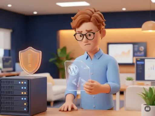 3D-Cartoon-Figur mit Brille prüft leuchtendes WordPress-Plugin-File neben Server-Rack mit Warnschild im modernen Webagentur-Büro.