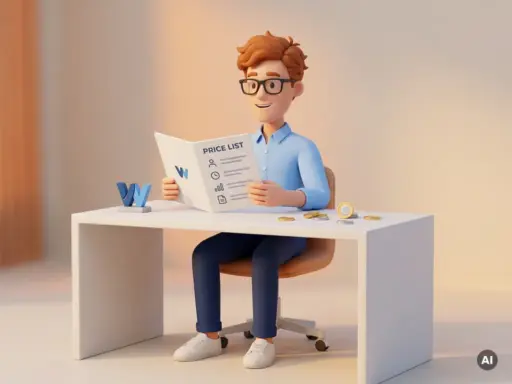 Cartoon-Figur mit Brille prüft Preisliste am modernen Schreibtisch mit Euro-Münzen und WordPress-Briefbeschwerer.