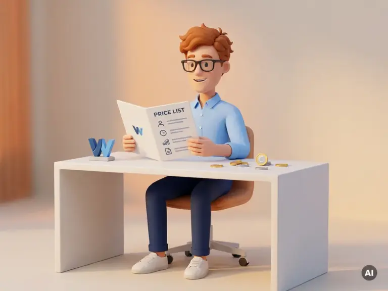 Cartoon-Figur mit Brille prüft Preisliste am modernen Schreibtisch mit Euro-Münzen und WordPress-Briefbeschwerer.
