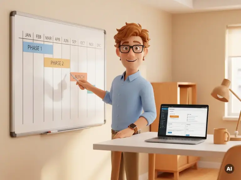Cartoon-Figur mit Brille zeigt auf Wandkalender mit Projektphasen, daneben Laptop mit WordPress-Dashboard auf weißem Schreibtisch.