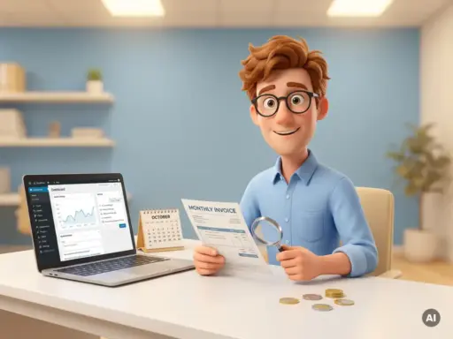Cartoon-Figur mit Brille prüft monatliche Rechnung neben Laptop mit WordPress-Dashboard, Kalender und Euromünzen auf modernem Schreibtisch.