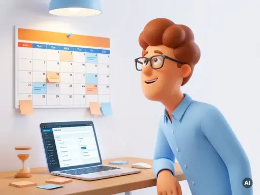 3D-Cartoon-Figur mit Brille plant WordPress-Redaktionskalender an der Wand, Laptop und Sanduhr auf dem Schreibtisch.