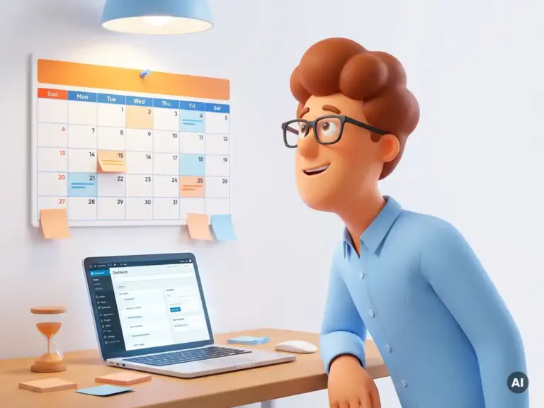 3D-Cartoon-Figur mit Brille plant WordPress-Redaktionskalender an der Wand, Laptop und Sanduhr auf dem Schreibtisch.