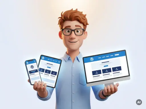 Cartoon-Figur mit Brille hält Smartphone, Tablet und Monitor mit responsiver WordPress-Website auf weißem Hintergrund.